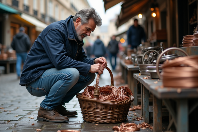 Homme d'âge moyen inspectant un panier de cuivre dans un marché européen