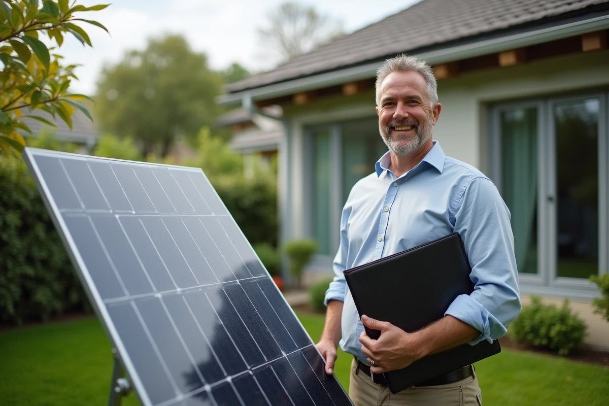 Homme pose solaire sur sa maison avec documents eco