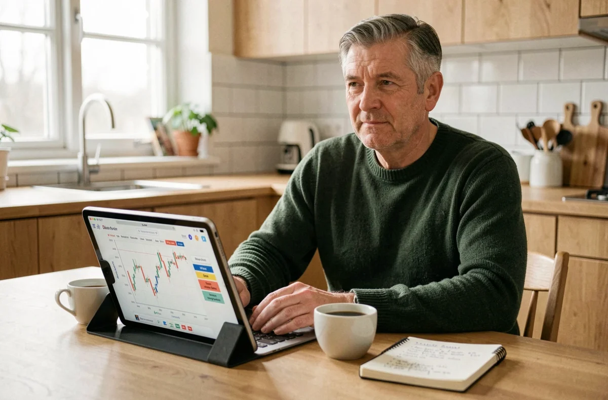 Homme planifiant ses investissements par versements programmés avec un graphique de dividendes sur tablette à la maison