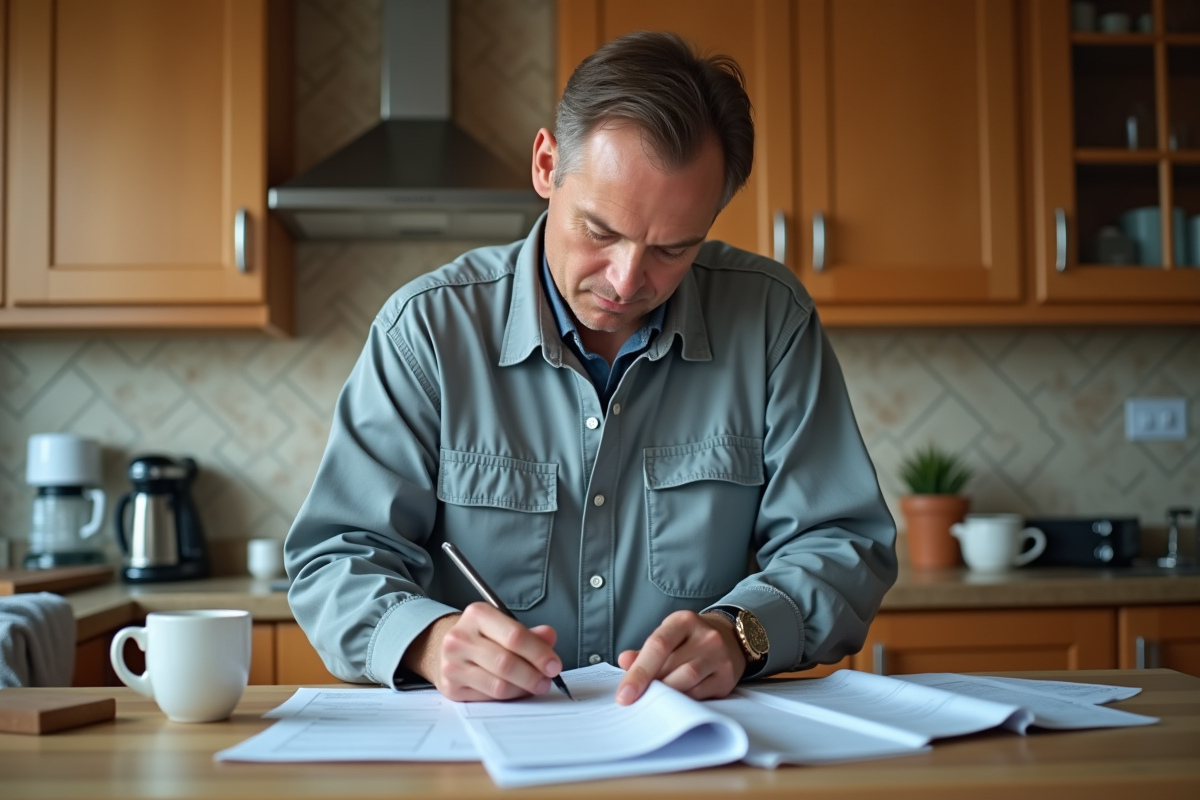 Homme à la maison remplit ses déclarations fiscales avec des reçus