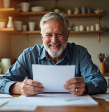 Homme d'âge moyen souriant vérifiant ses papiers de retraite à la maison