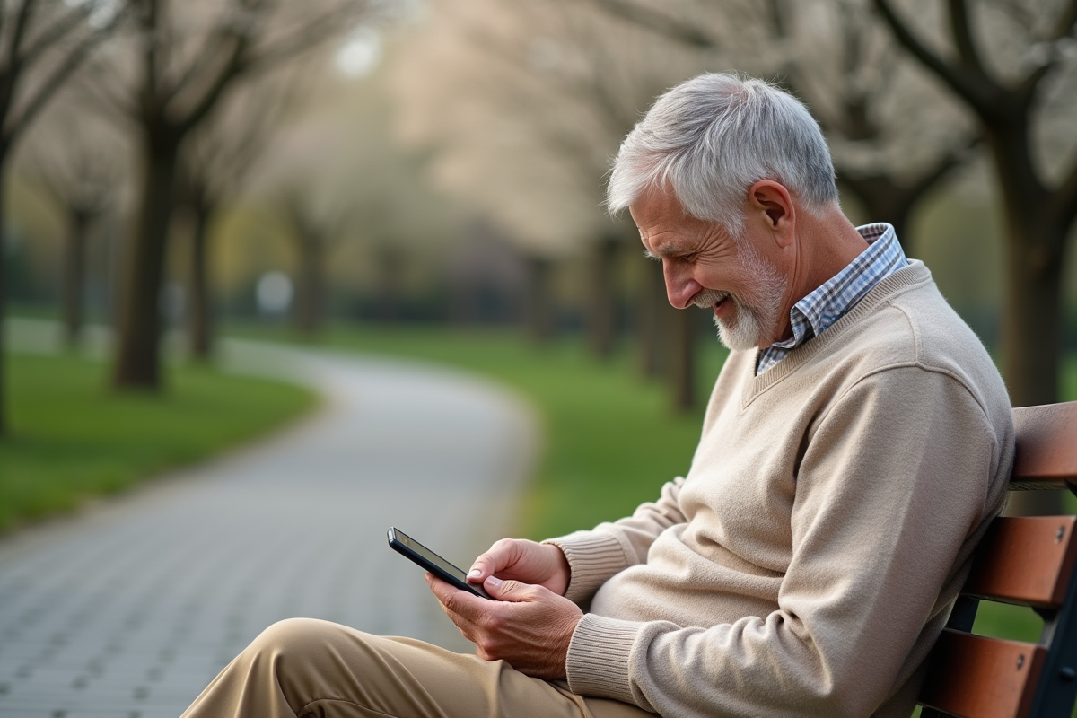 Homme âgé consulte ses chiffres de retraite sur smartphone