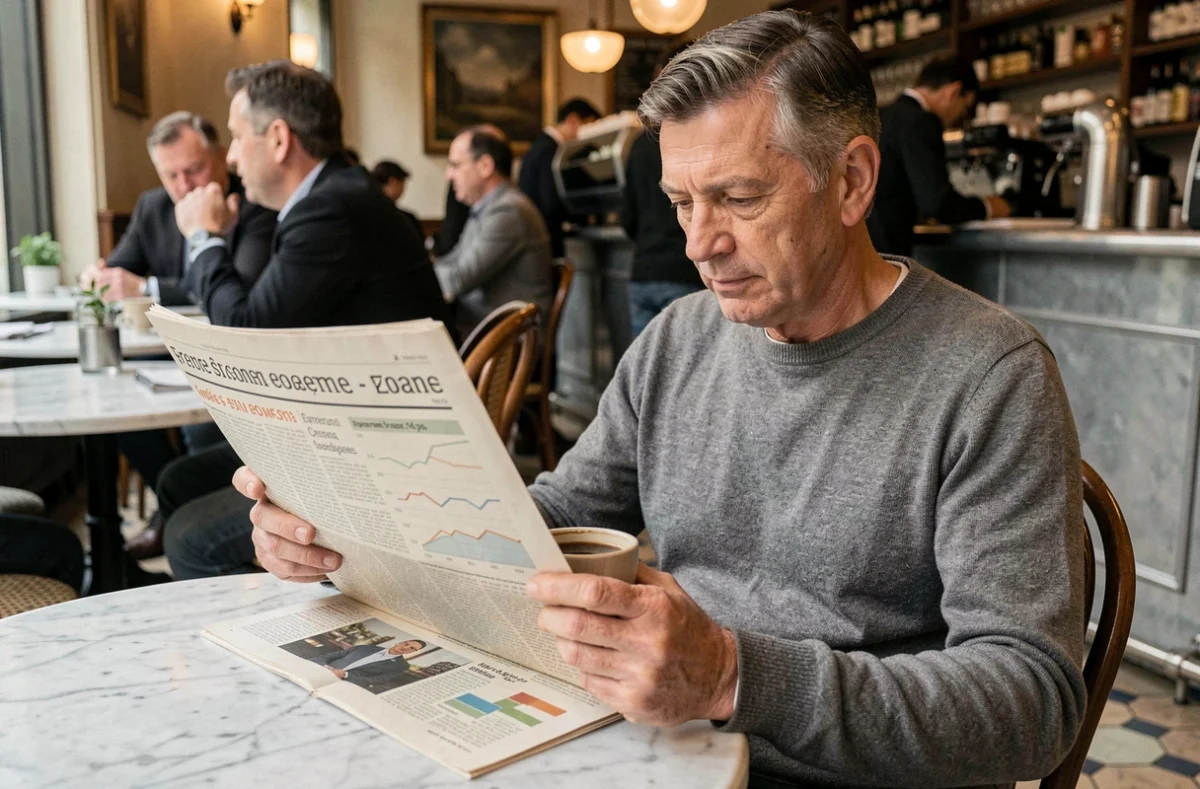 Homme lisant des statistiques sur le salaire moyen et médian en France dans un café parisien, avec graphiques de distribution des revenus