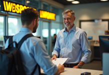 Homme d'âge moyen effectuant une transaction Western Union