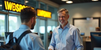 Homme d'âge moyen effectuant une transaction Western Union