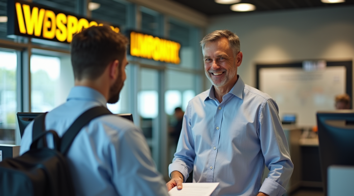 Envoyer 10 000 $ via Western Union : tout ce que vous devez savoir Homme d'âge moyen effectuant une transaction Western Union