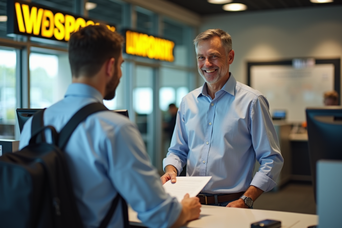 Homme d'âge moyen effectuant une transaction Western Union
