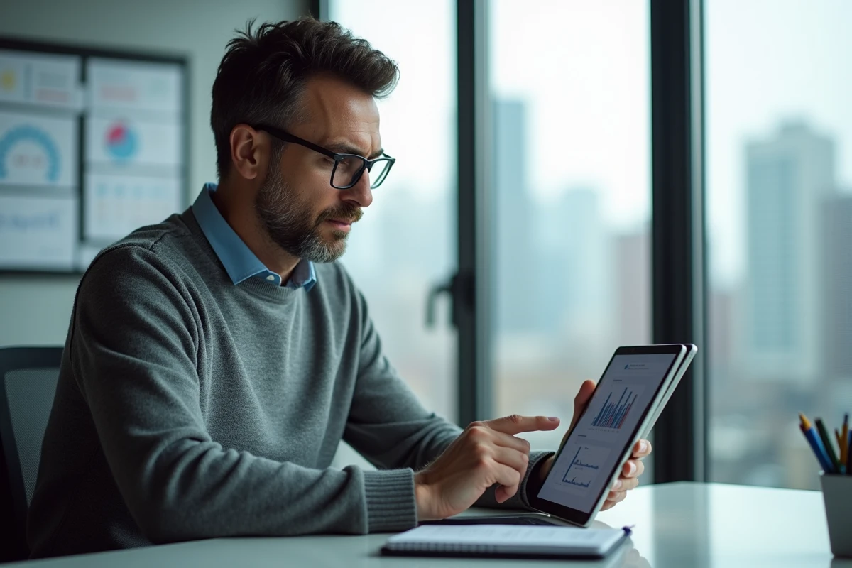 Homme concentré travaille sur une tablette dans un bureau moderne