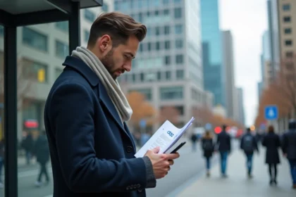 Homme pensif avec smartphone devant bâtiments modernes