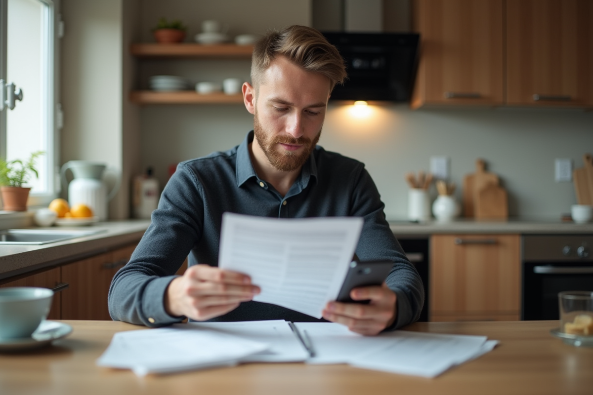Jeune homme vérifiant un relevé bancaire à la maison