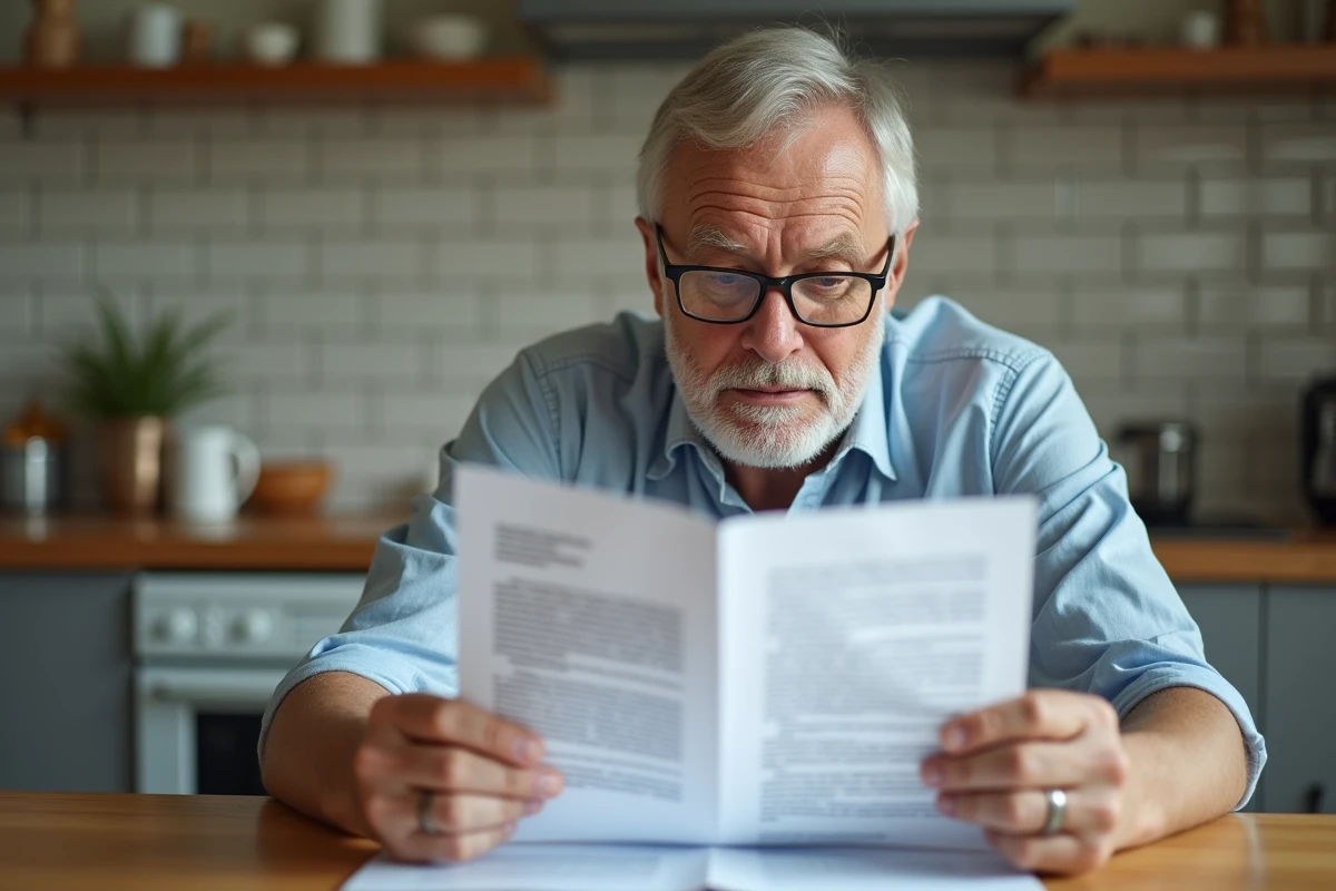 Homme vérifiant un relevé bancaire et une lettre de résiliation de prélèvement automatique à la cuisine