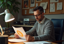 Homme d'âge moyen dans un bureau vintage examine un document Bitcoin