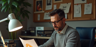 Homme d'âge moyen dans un bureau vintage examine un document Bitcoin