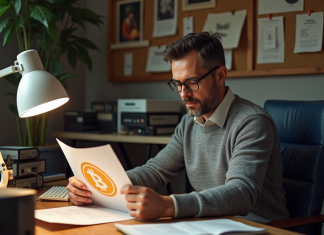 Origine et histoire de la crypto : comment tout a commencé ? Homme d'âge moyen dans un bureau vintage examine un document Bitcoin