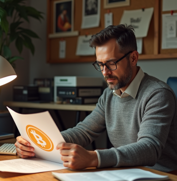 Origine et histoire de la crypto : comment tout a commencé ? Homme d'âge moyen dans un bureau vintage examine un document Bitcoin