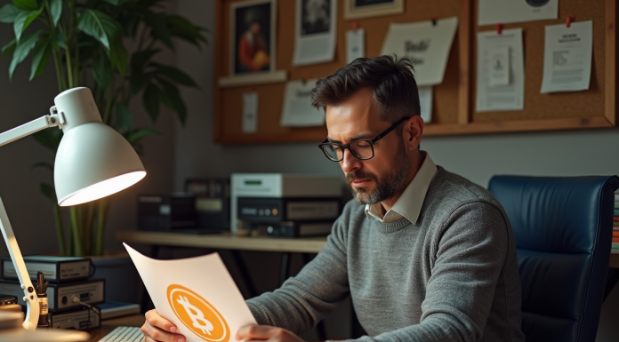 Origine et histoire de la crypto : comment tout a commencé ? Homme d'âge moyen dans un bureau vintage examine un document Bitcoin