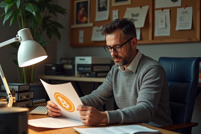 Homme d'âge moyen dans un bureau vintage examine un document Bitcoin