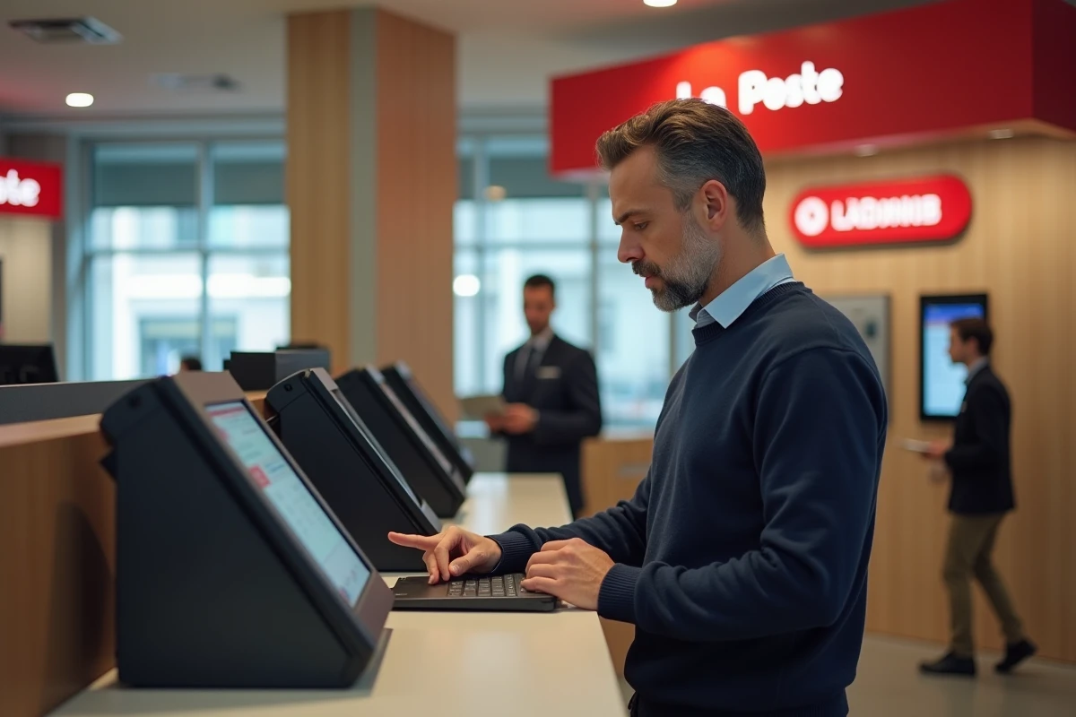 Homme effectuant un virement instantané sur un terminal bancaire dans un bureau de poste français