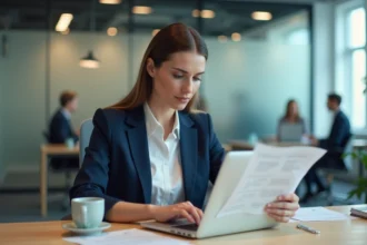 Femme professionnelle cherchant son identifiant CIC Épargne salariale sur un document en entreprise