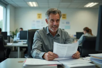 Employé de bureau consultant des documents salariaux dans un open space, illustrant les inégalités salariales en France