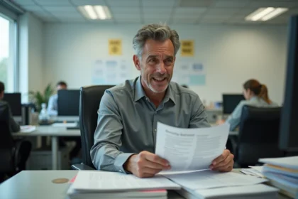 Employé de bureau consultant des documents salariaux dans un open space, illustrant les inégalités salariales en France