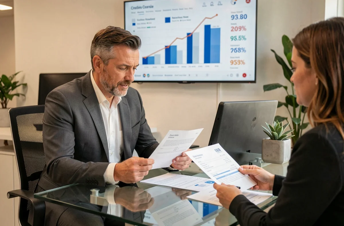 Un conseiller IN&FI Crédits Occitanie compare des offres de prêt immobilier avec une cliente dans un bureau moderne