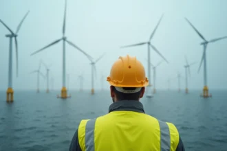 Ingénieur devant un parc éolien offshore symbolisant la transition énergétique mondiale