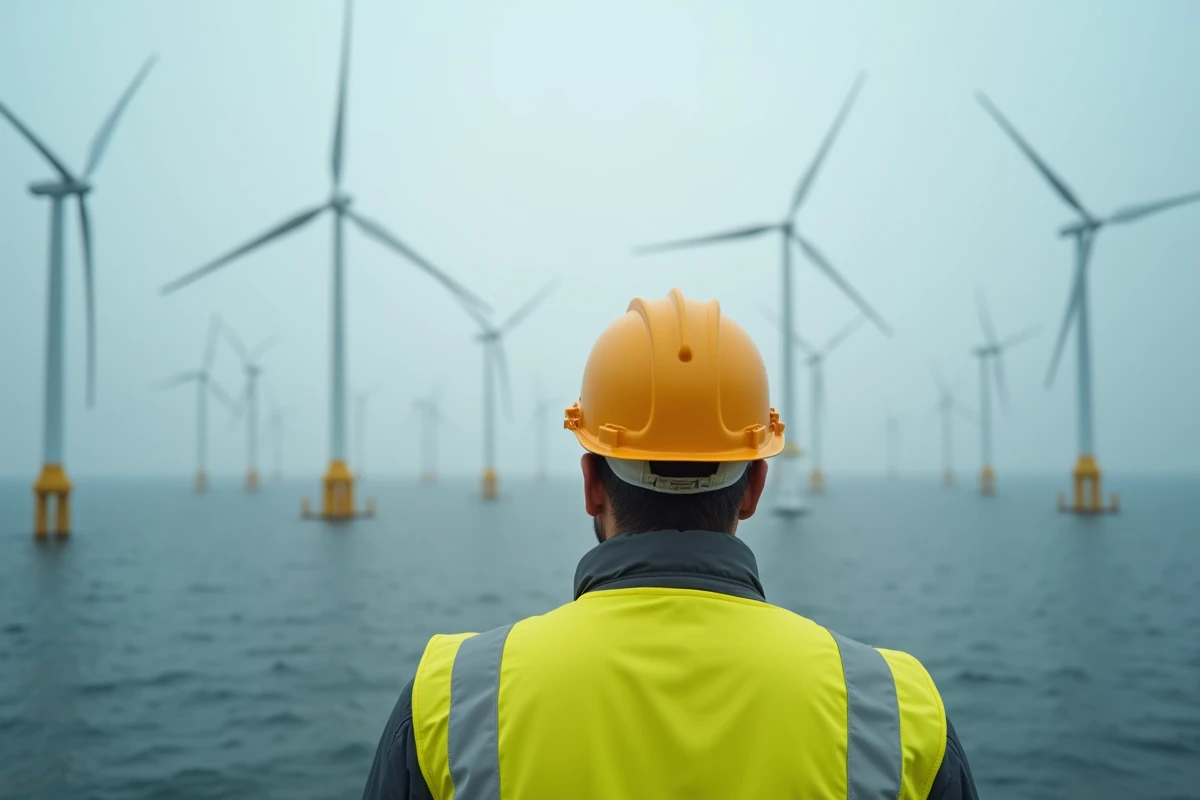 Ingénieur devant un parc éolien offshore symbolisant la transition énergétique mondiale