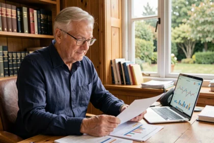 Un homme retraité examine des documents financiers liés à un investissement en SCPI en viager à son bureau à domicile