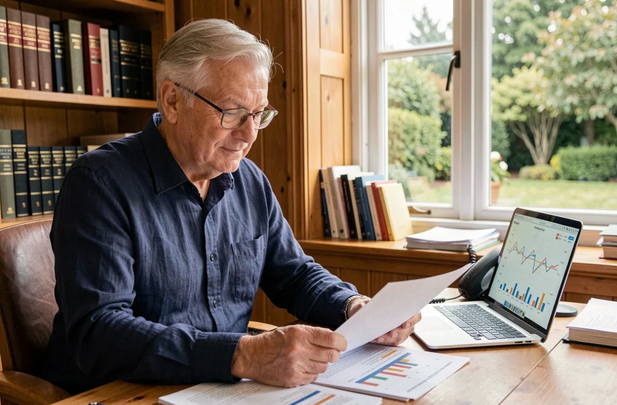 Un homme retraité examine des documents financiers liés à un investissement en SCPI en viager à son bureau à domicile
