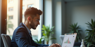 Jeune investisseur analysant graphiques Binance sur un ordinateur moderne