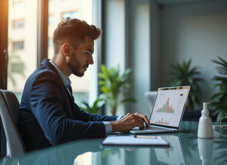 Jeune investisseur analysant graphiques Binance sur un ordinateur moderne
