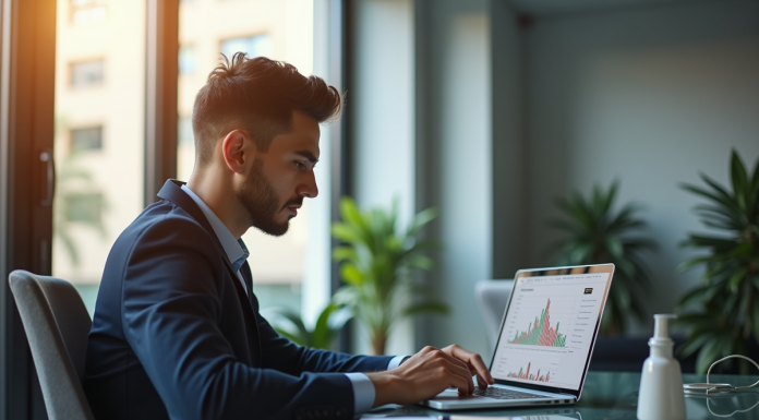 Jeune investisseur analysant graphiques Binance sur un ordinateur moderne