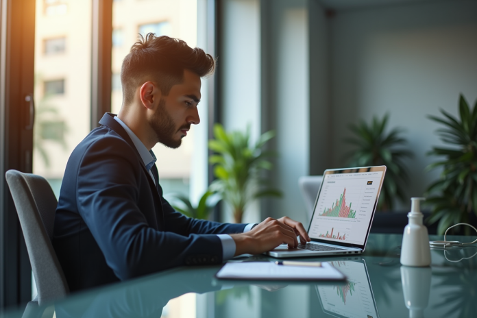 investisseur-confiant-bourse-binance Jeune investisseur analysant graphiques Binance sur un ordinateur moderne