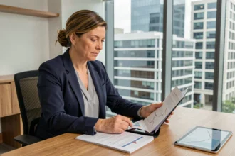 Femme investisseuse analysant des documents financiers liés à une SCPI dans un bureau moderne avec vue sur la ville