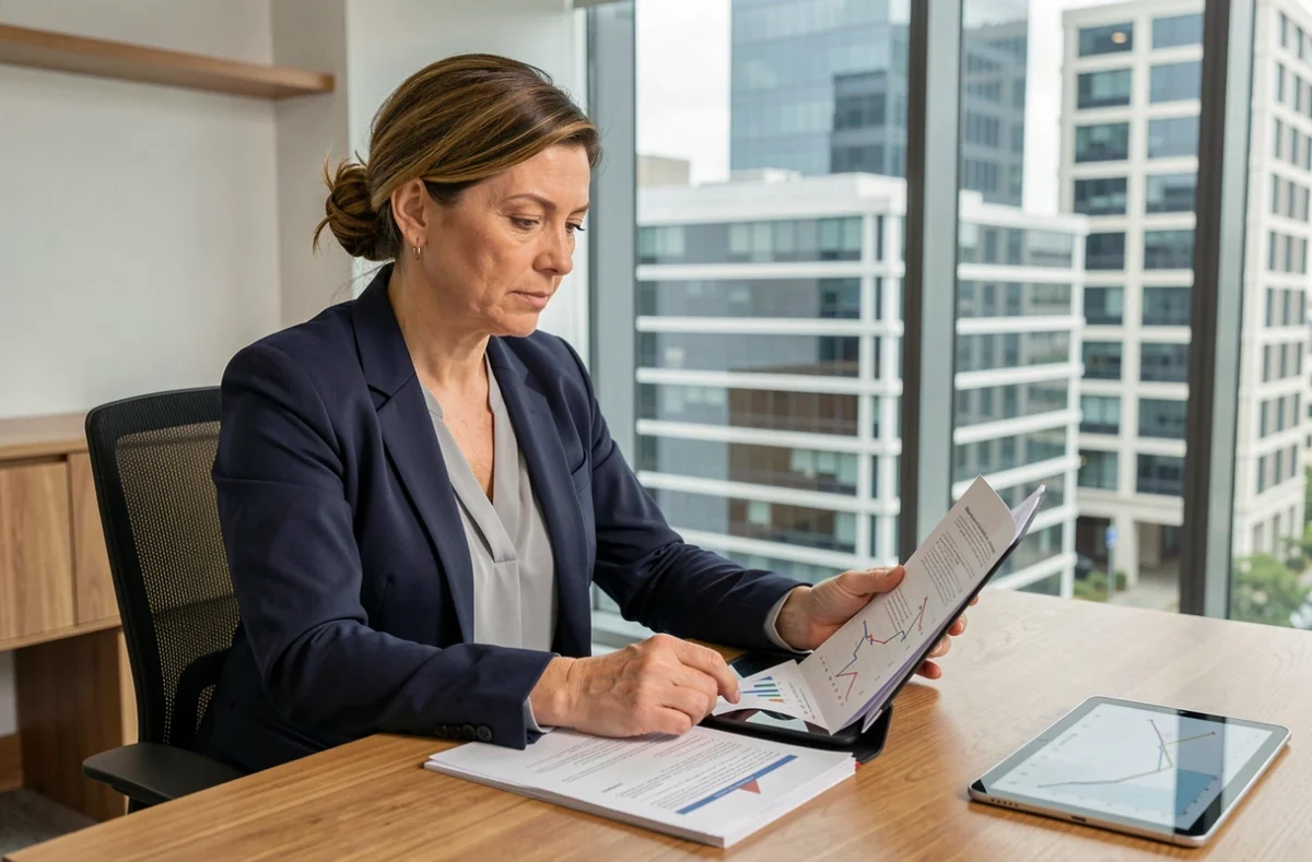 Femme investisseuse analysant des documents financiers liés à une SCPI dans un bureau moderne avec vue sur la ville
