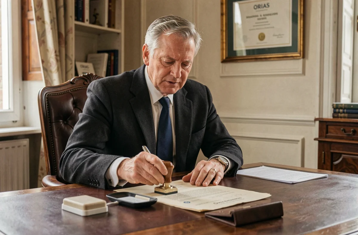 Le courtier en assurance Jean Chomette validant un document officiel dans son bureau de la Loire