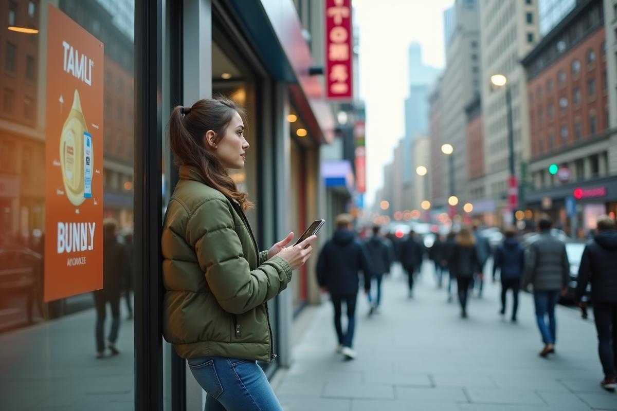 Jeune entrepreneure regardant une affiche urbaine