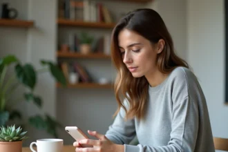 Jeune femme consultant une application d'épargne sur son smartphone dans un appartement moderne, illustrant la constitution d'un fonds d'urgence avec Plum Épargne