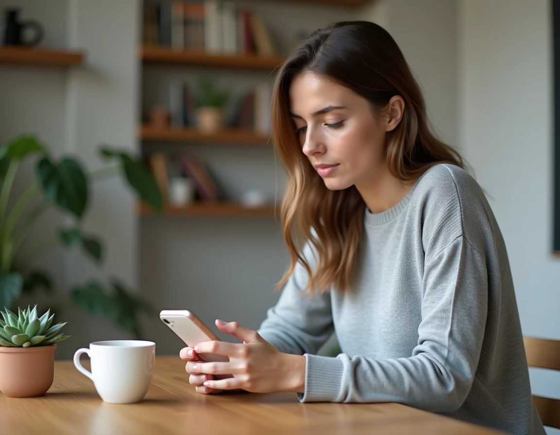 Jeune femme consultant une application d'épargne sur son smartphone dans un appartement moderne, illustrant la constitution d'un fonds d'urgence avec Plum Épargne