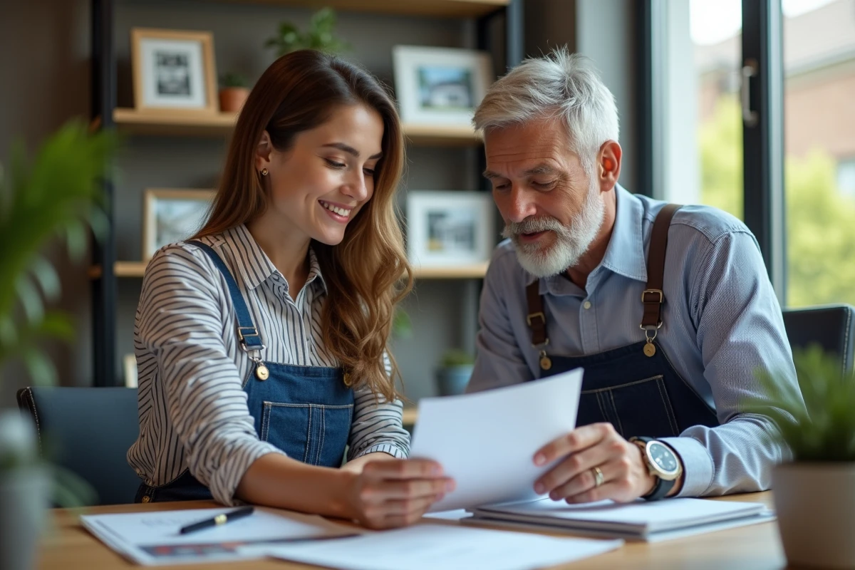 Jeune femme en overalls consultant un conseiller en rénovation