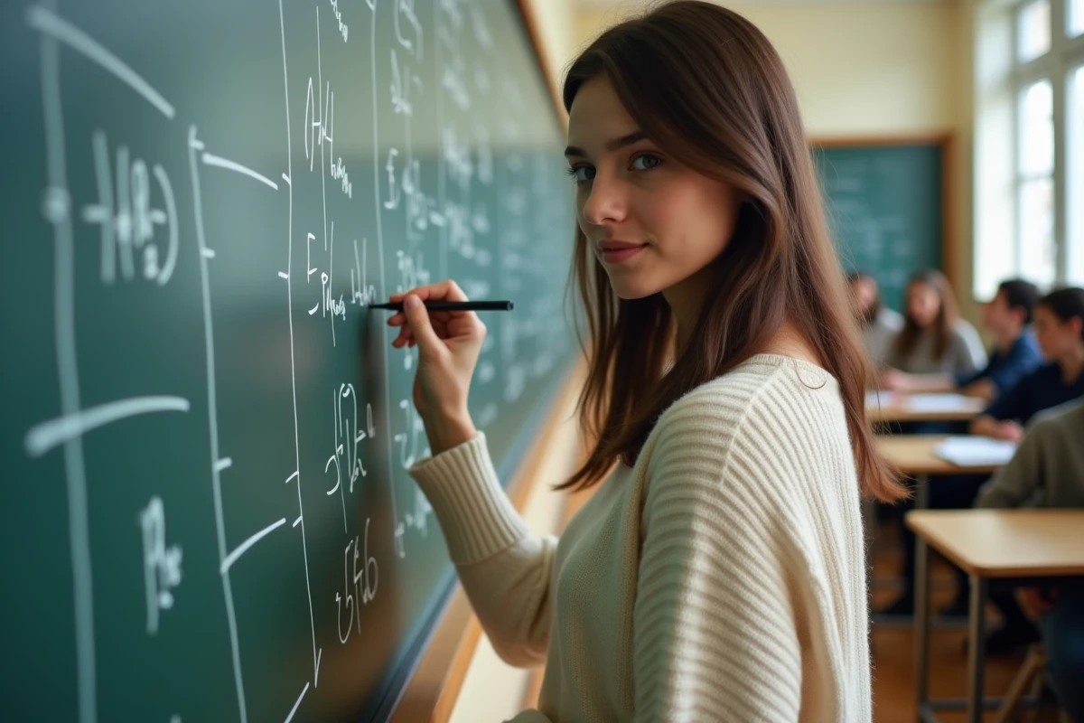 Jeune femme esquissant des formules mathématiques en classe
