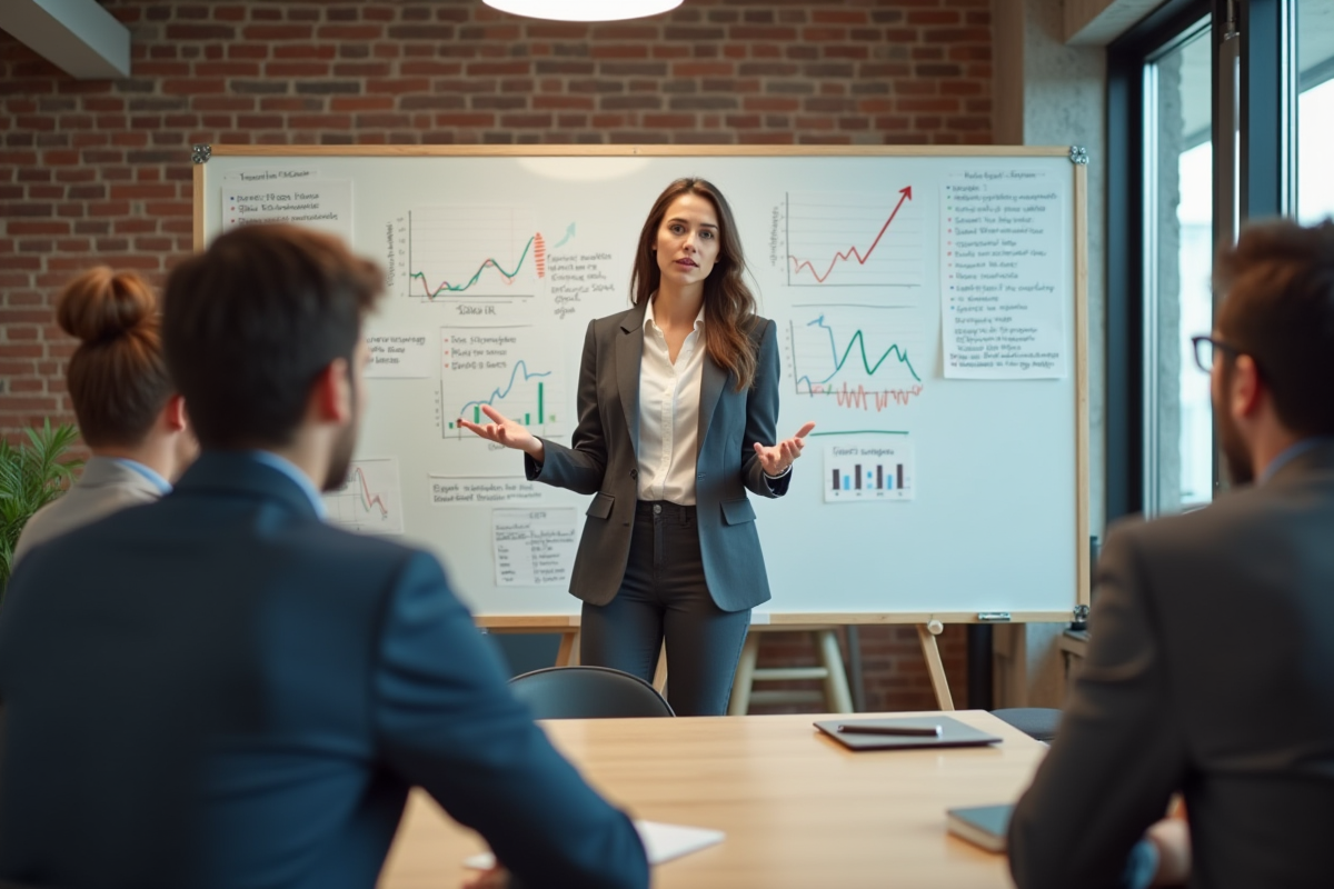 Jeune femme entrepreneure présente des graphiques à une équipe