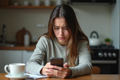 Jeune femme inquiète regardant son smartphone dans la cuisine