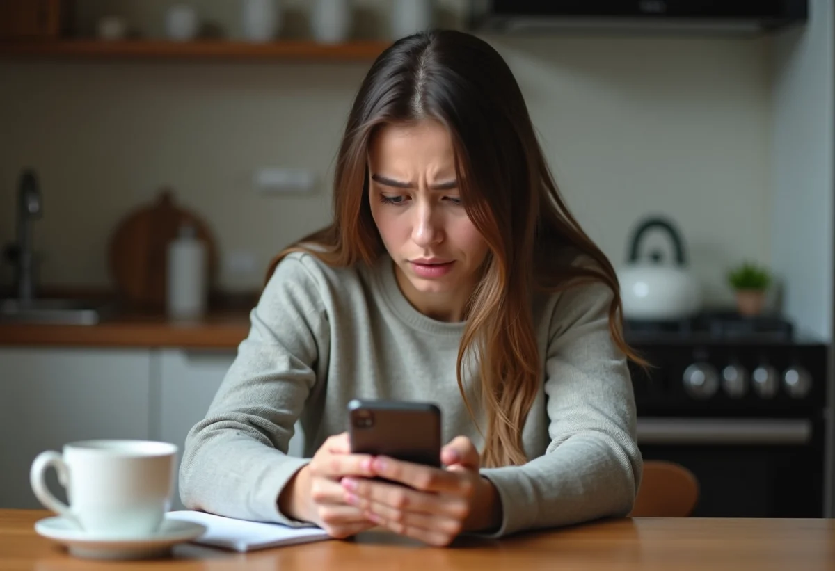 Jeune femme inquiète regardant son smartphone dans la cuisine