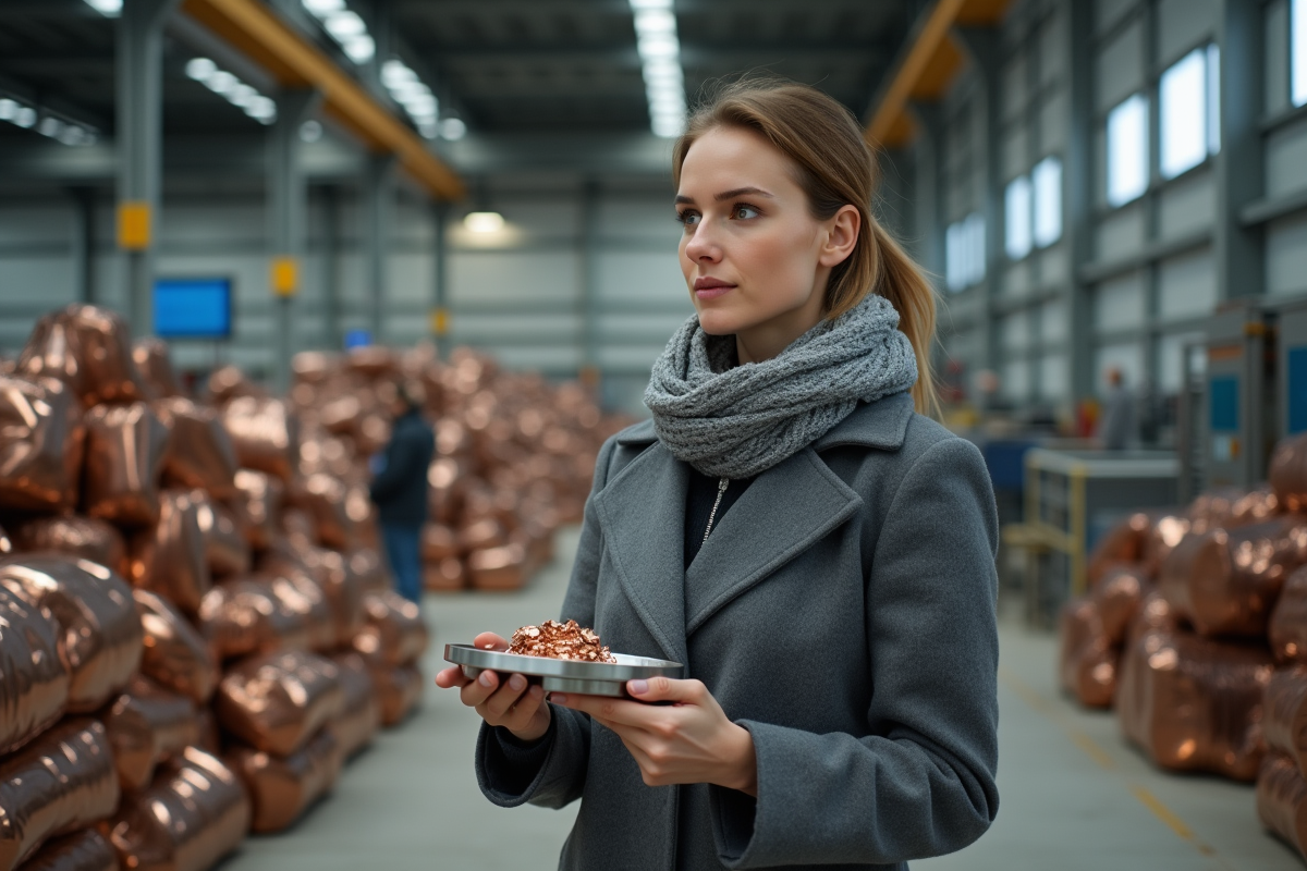 Jeune femme mesurant un morceau de cuivre dans une usine de recyclage moderne