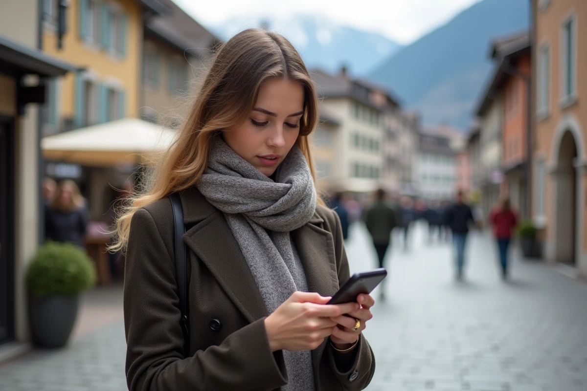 Jeune femme regardant son téléphone dans une ville suisse