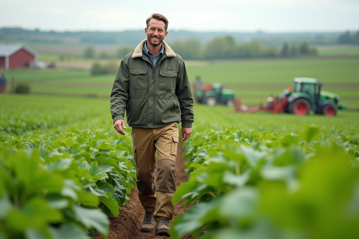 Jeune fermier inspectant ses cultures dans un grand champ vert