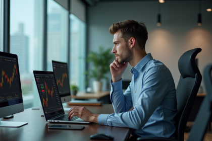 Jeune homme analysant graphiques Ethereum au bureau