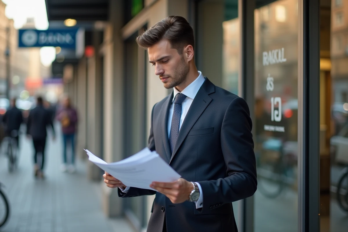 Jeune professionnel vérifiant un dossier devant une banque